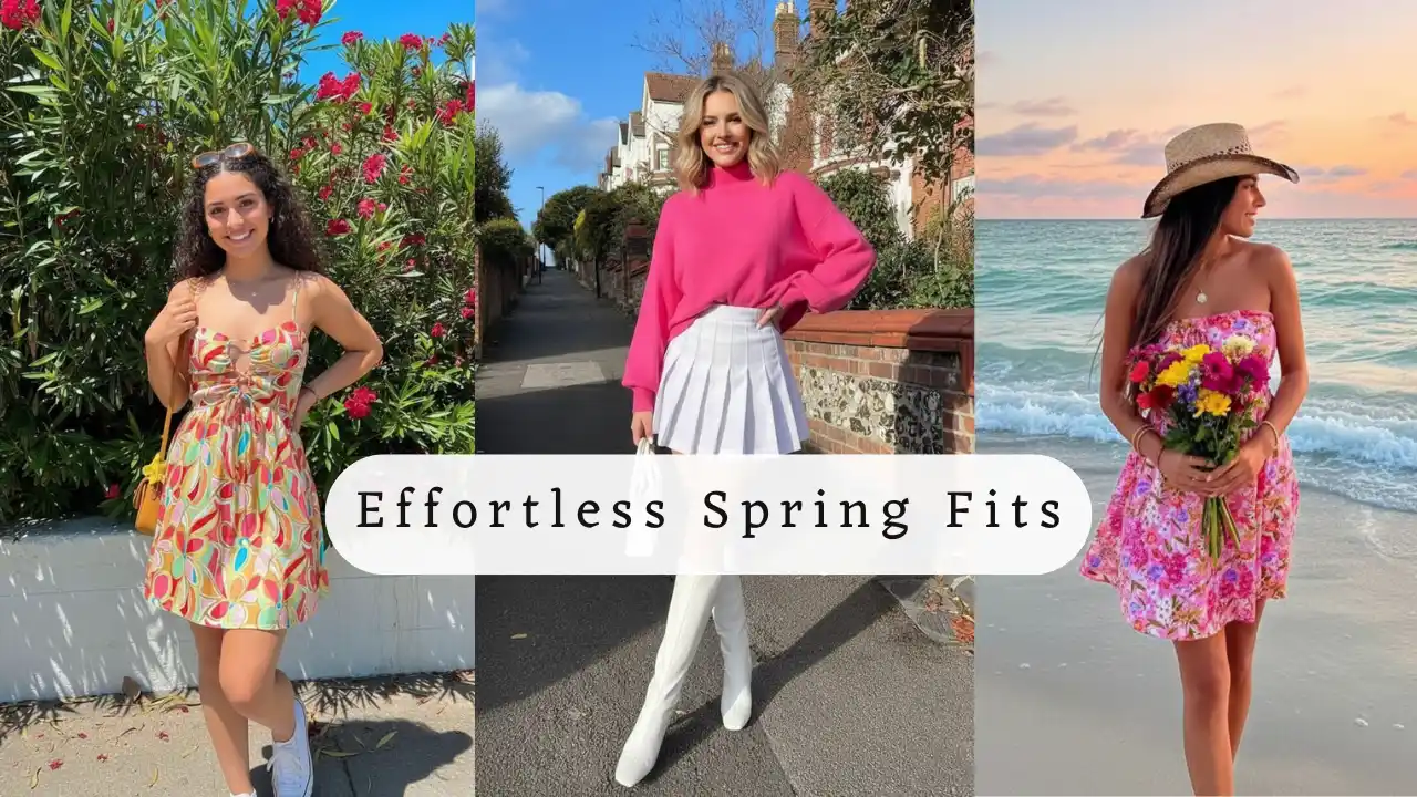 Three stylish spring outfits displayed.