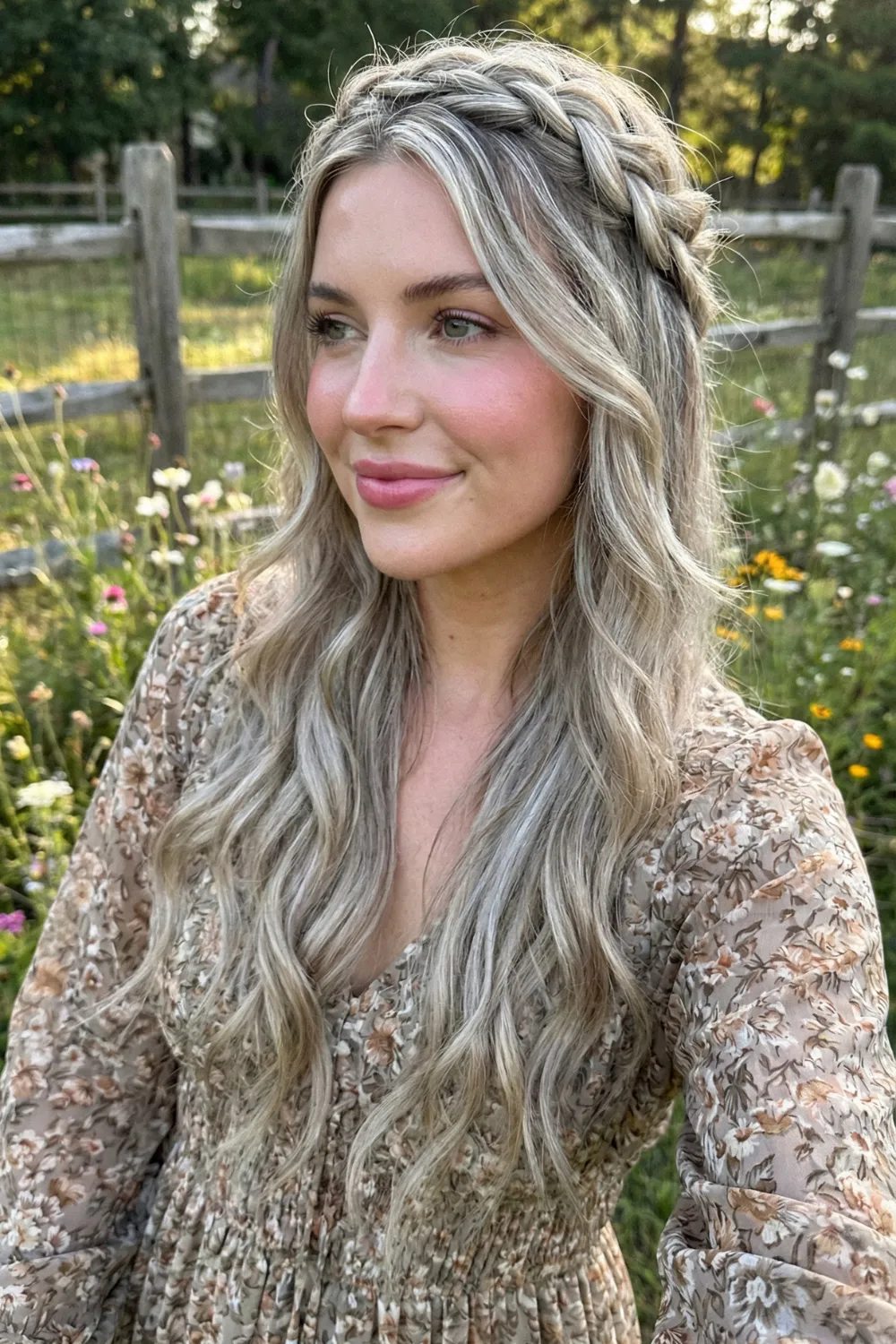 Woman with long ash blonde hair and cool silver highlights in braided style