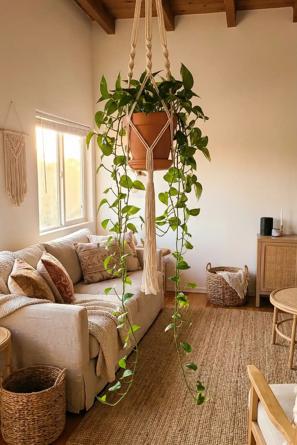 Boho indoor plant decor with trailing pothos in macrame plant hanger and terracotta pot