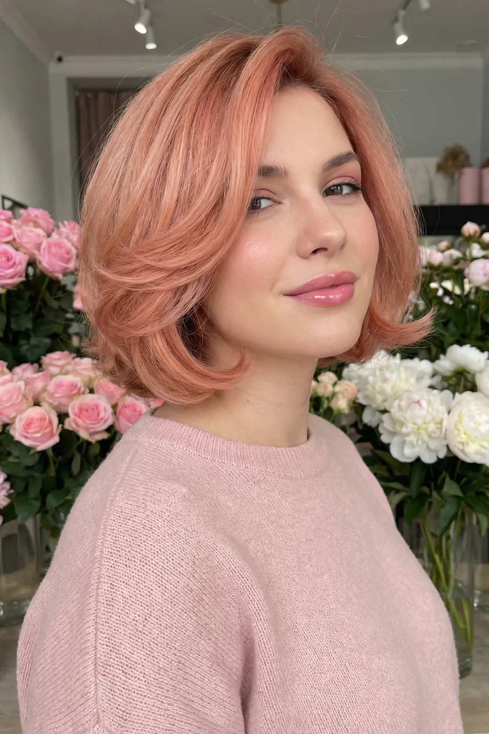 Woman with vibrant rose gold bouncy layered bob haircut