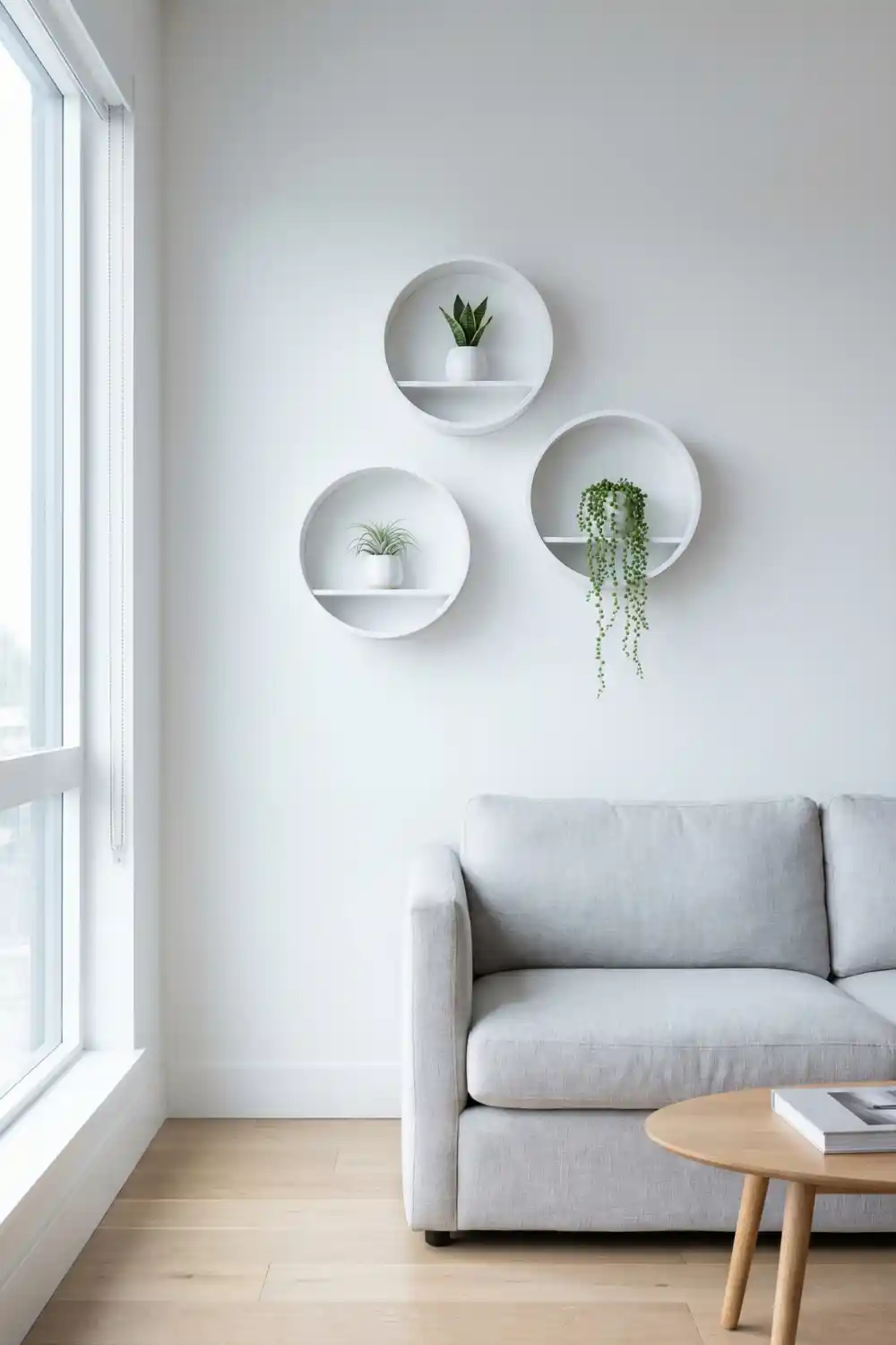 Minimalist shelves with plants and couch