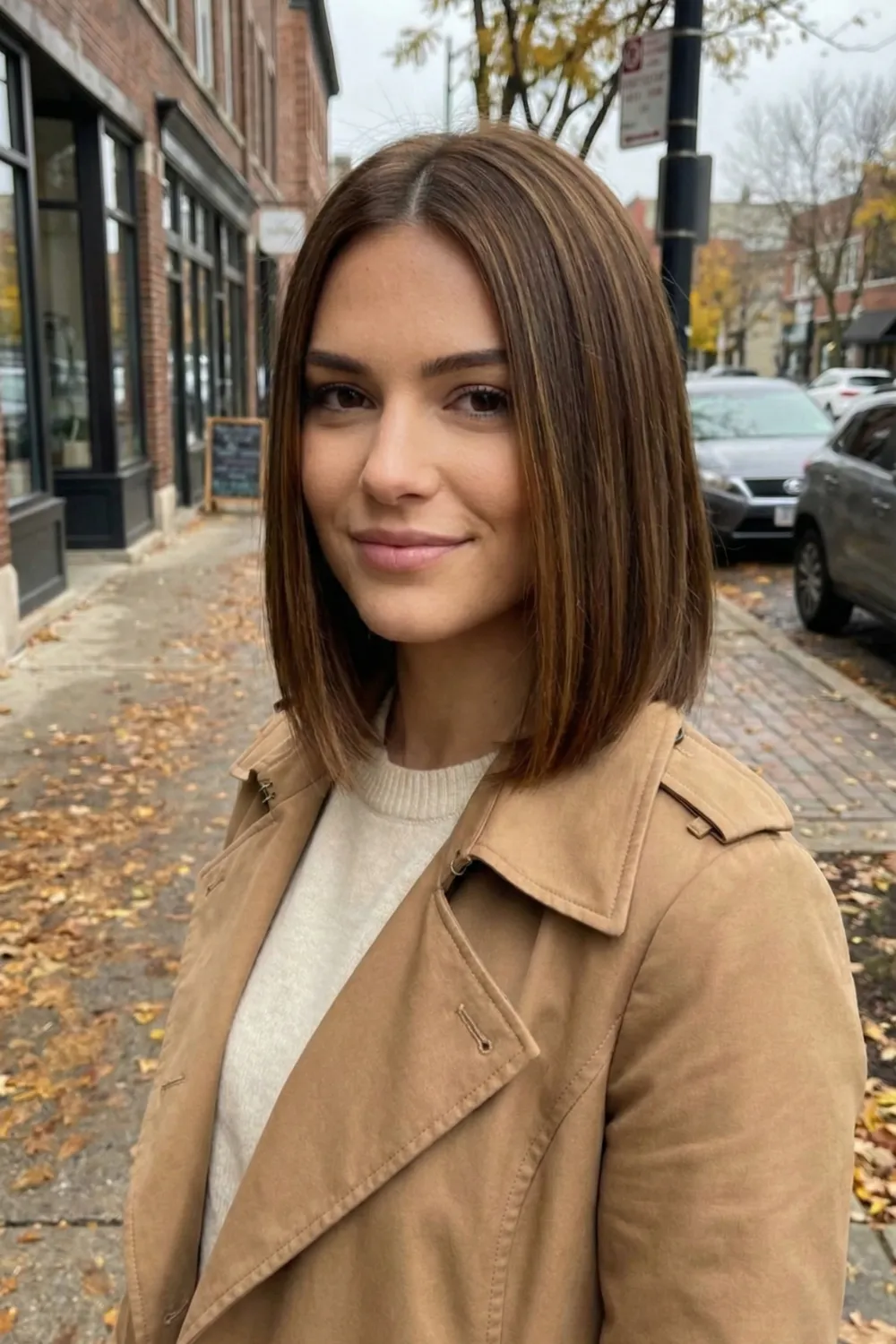 Woman with glossy chestnut A-line bob and blunt cut edges