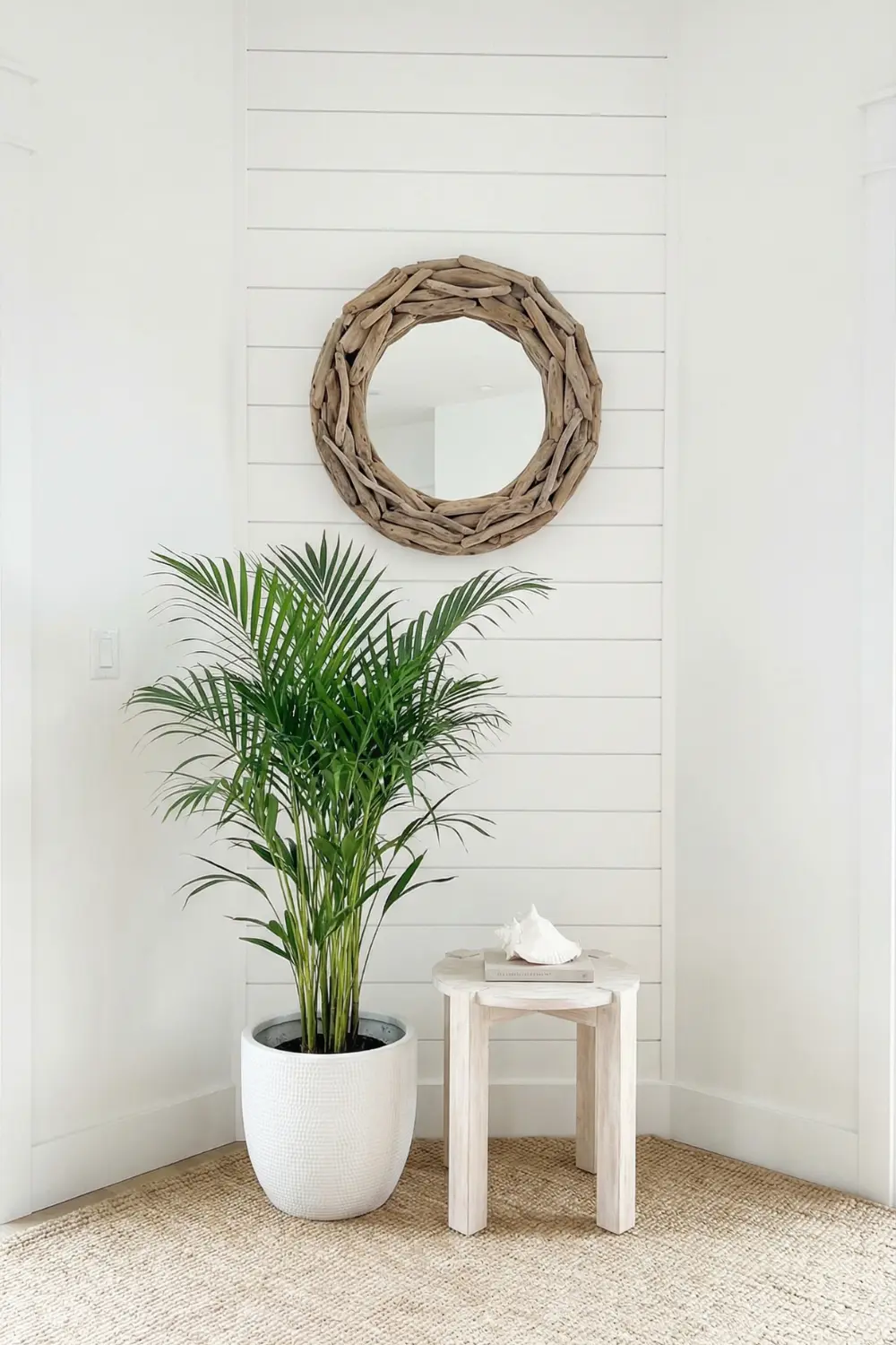 Coastal empty corner decor with driftwood mirror areca palm and bleached wood side table