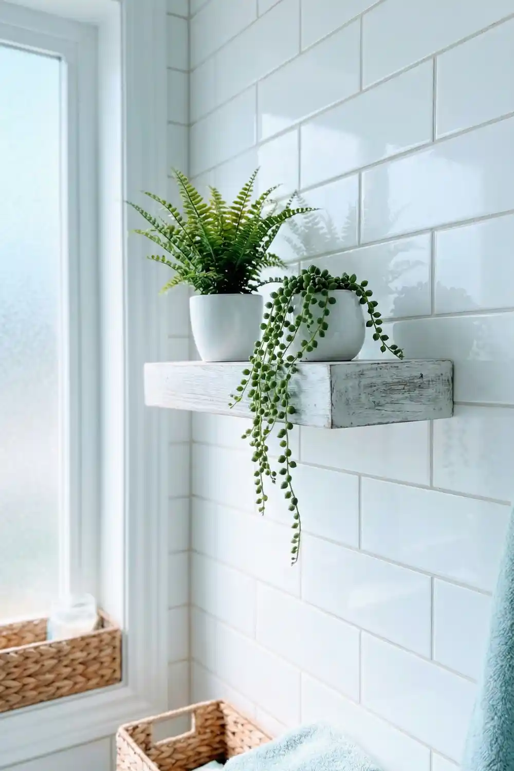 Coastal indoor plant decor with fern and string of pearls in white pots on floating bathroom shelf