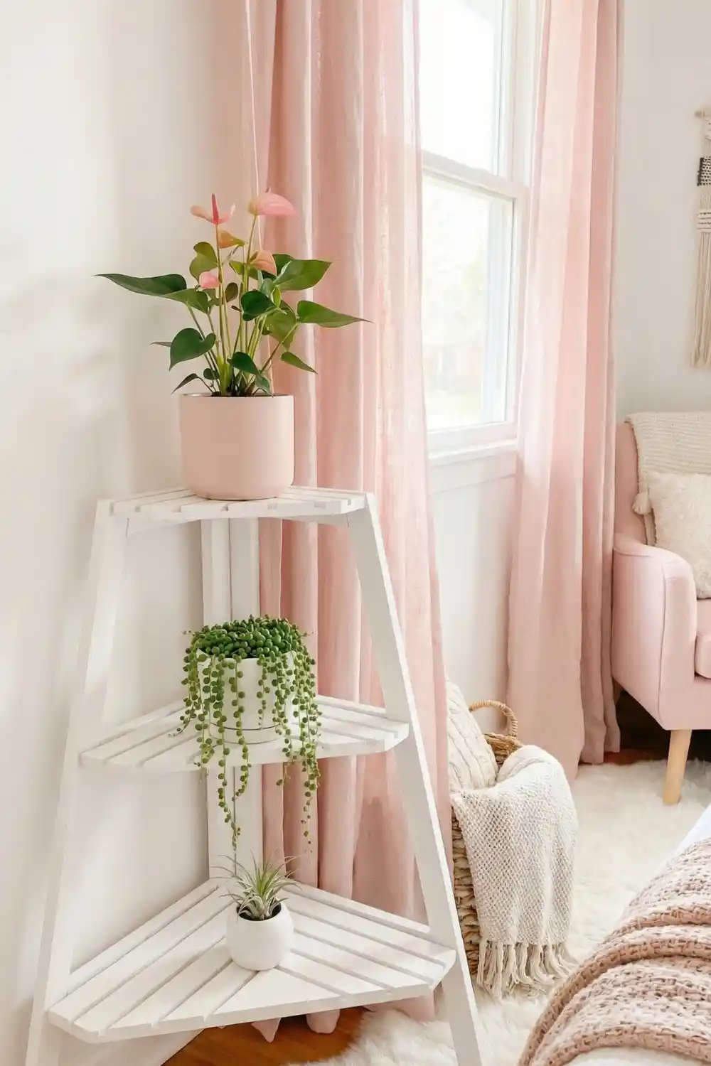 White three tier corner plant stand with pink anthurium string of pearls and air plant in blush ceramic pots