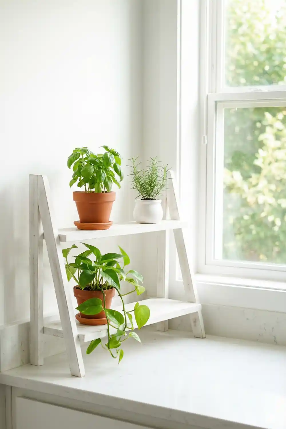 White two tier countertop plant stand shelf with basil rosemary and trailing pothos in terracotta pots