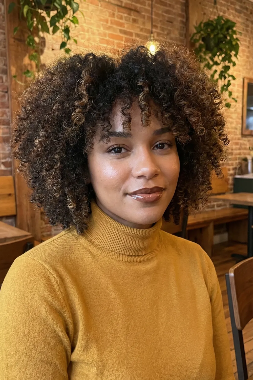 Woman with curly dark brown afro bob and caramel balayage highlights