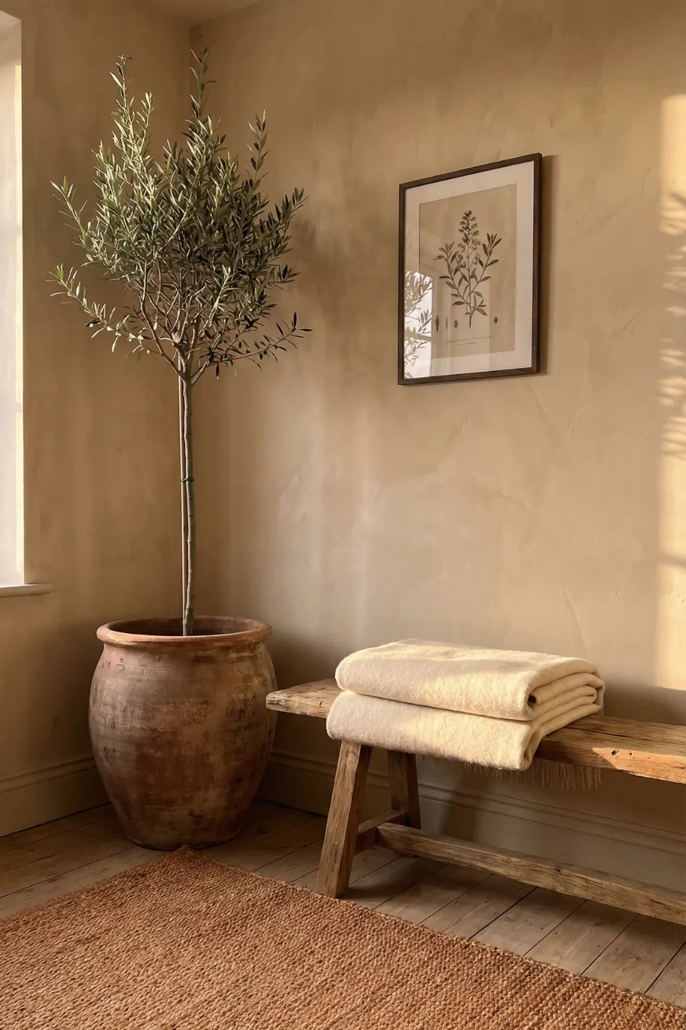 Earthy empty corner decor with olive tree terracotta pot and natural wood bench
