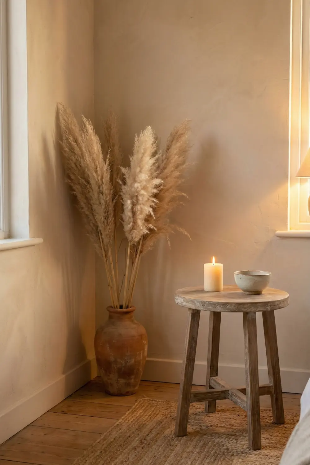 Earthy empty corner decor with pampas grass terracotta vase and wooden side table