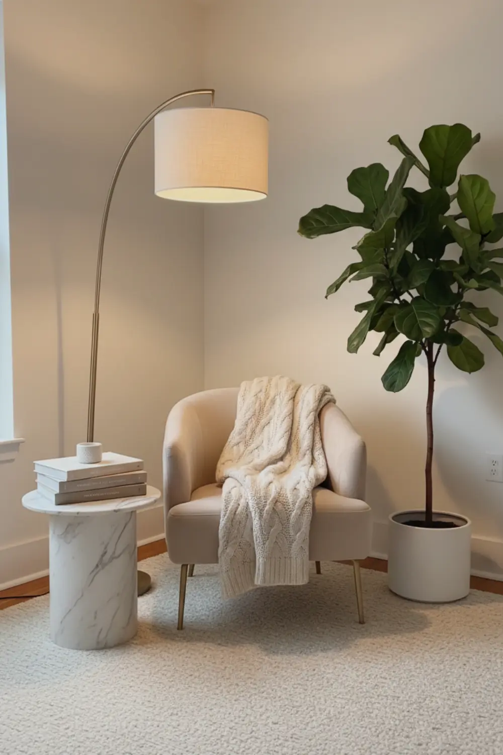 Empty corner decor with arched floor lamp accent chair and fiddle leaf fig tree