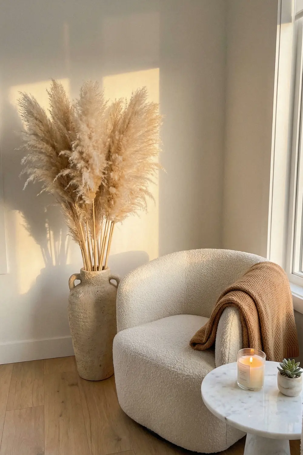 Cozy empty corner decor with cream boucle chair pampas grass and marble side table
