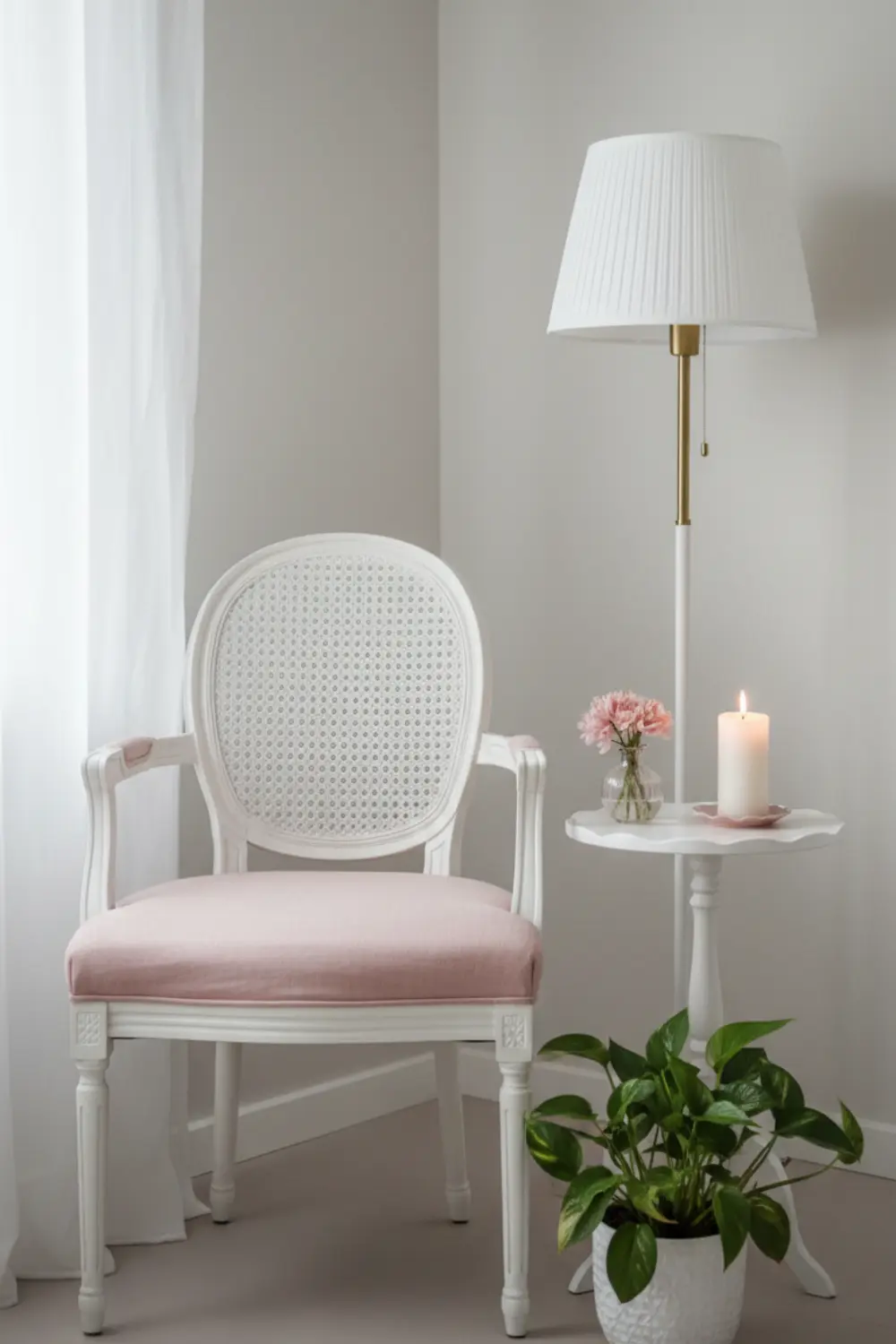 Soft empty corner decor with white cane accent chair gold floor lamp and pothos plant