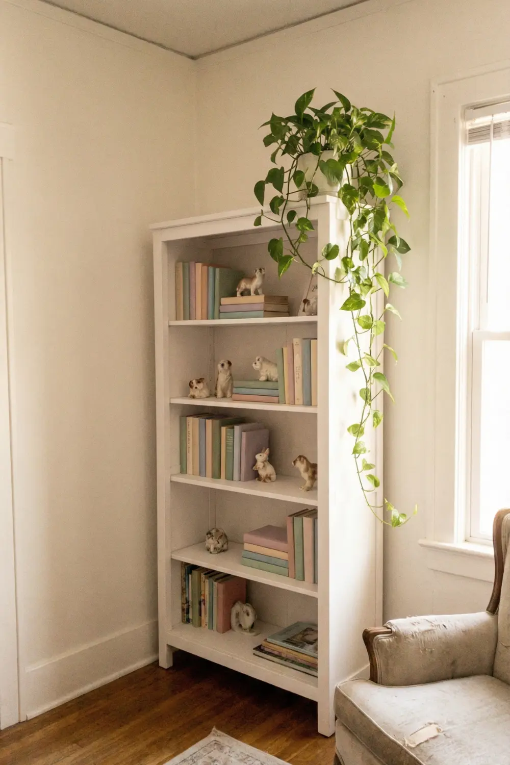 Empty corner decor with tall white bookshelf pastel books and trailing pothos plant