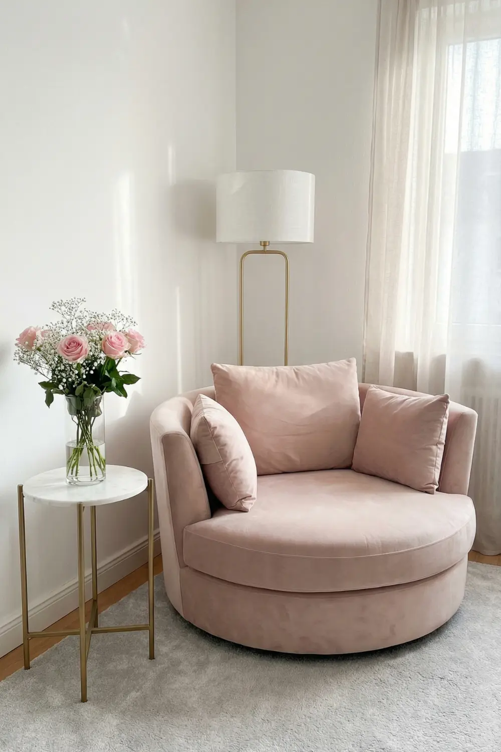 Feminine empty corner decor with blush velvet chair gold floor lamp and floral arrangement