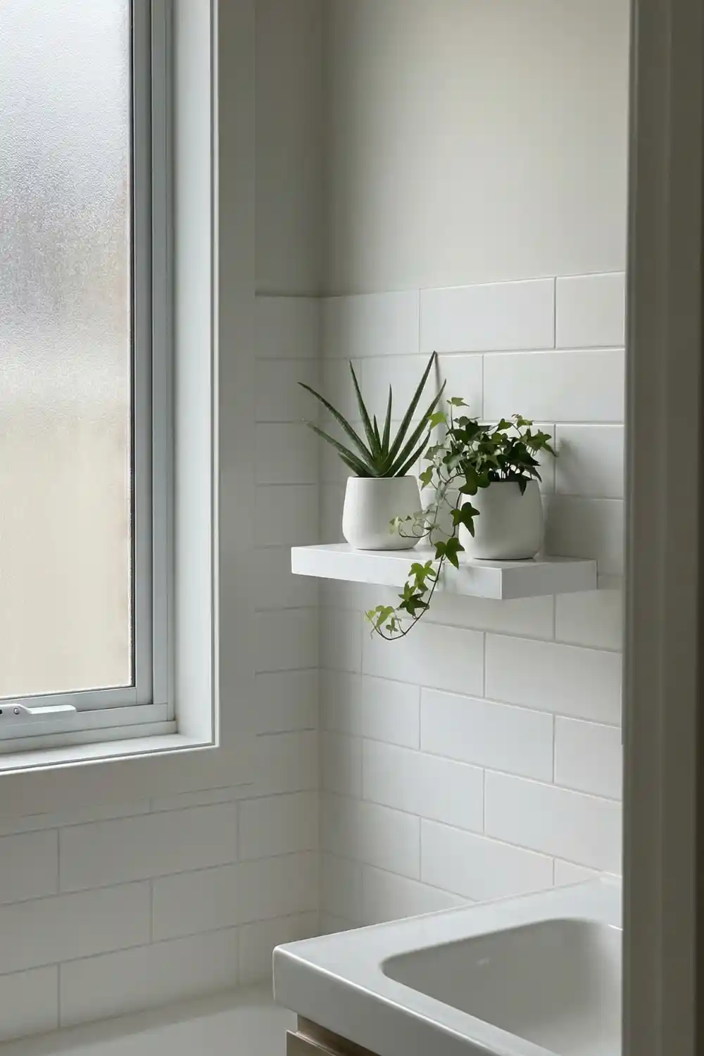 White floating plant shelf in bathroom with aloe vera and trailing ivy in white ceramic pots