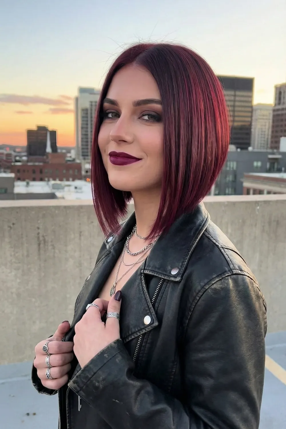 Woman with burgundy wine geometric asymmetrical bob and angular cut