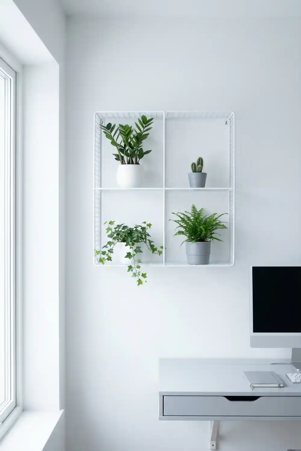 White grid wall shelf with four compartments holding ZZ plant cactus trailing ivy and fern in grey pots