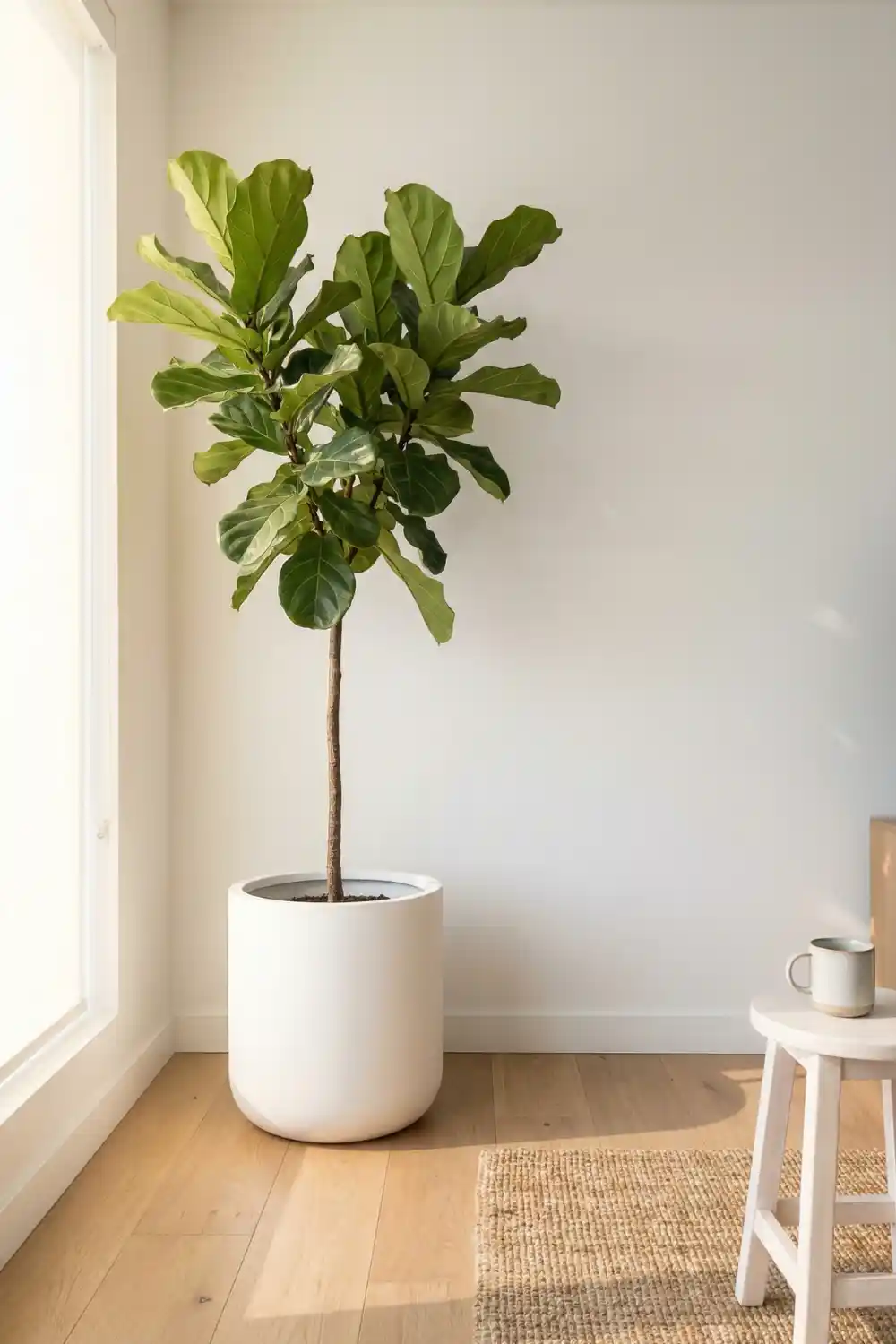 Indoor plant decor with tall fiddle leaf fig in matte white pot