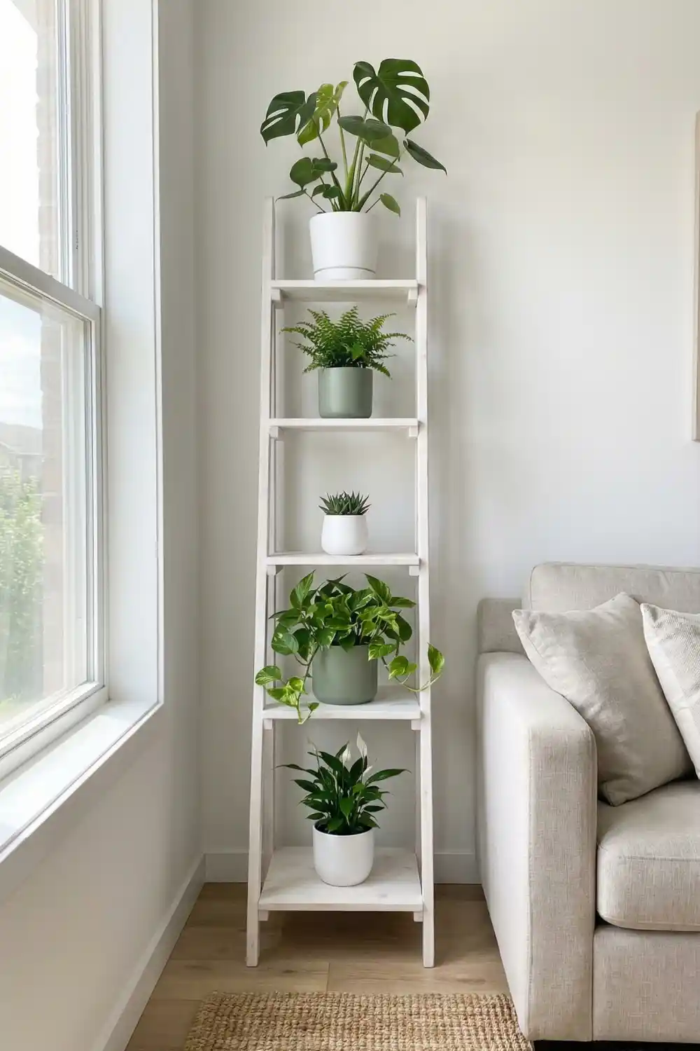 Tall white five tier indoor plant stand shelf with monstera fern succulent pothos and peace lily