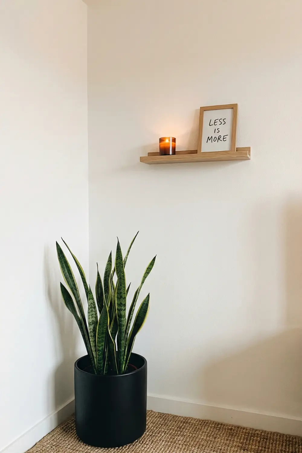 Minimal empty corner decor with snake plant matte black pot and small wall shelf