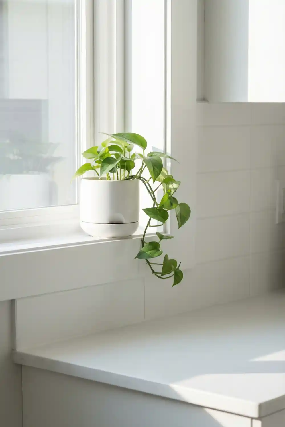 Minimal indoor plant decor with small pothos in white ceramic pot on bright kitchen windowsill