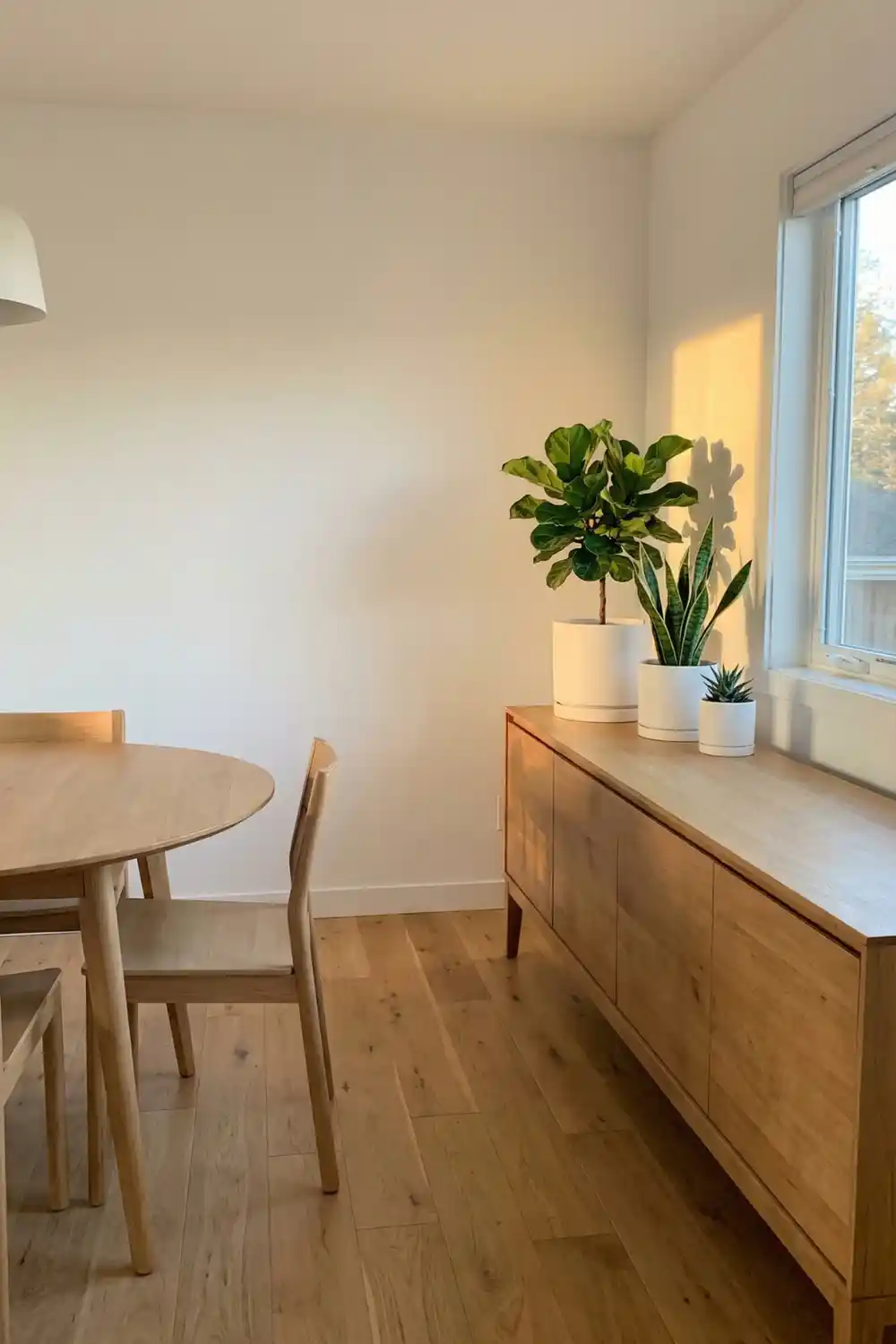 Minimal indoor plant decor with fiddle leaf fig snake plant and succulent in white pots on wooden sideboard