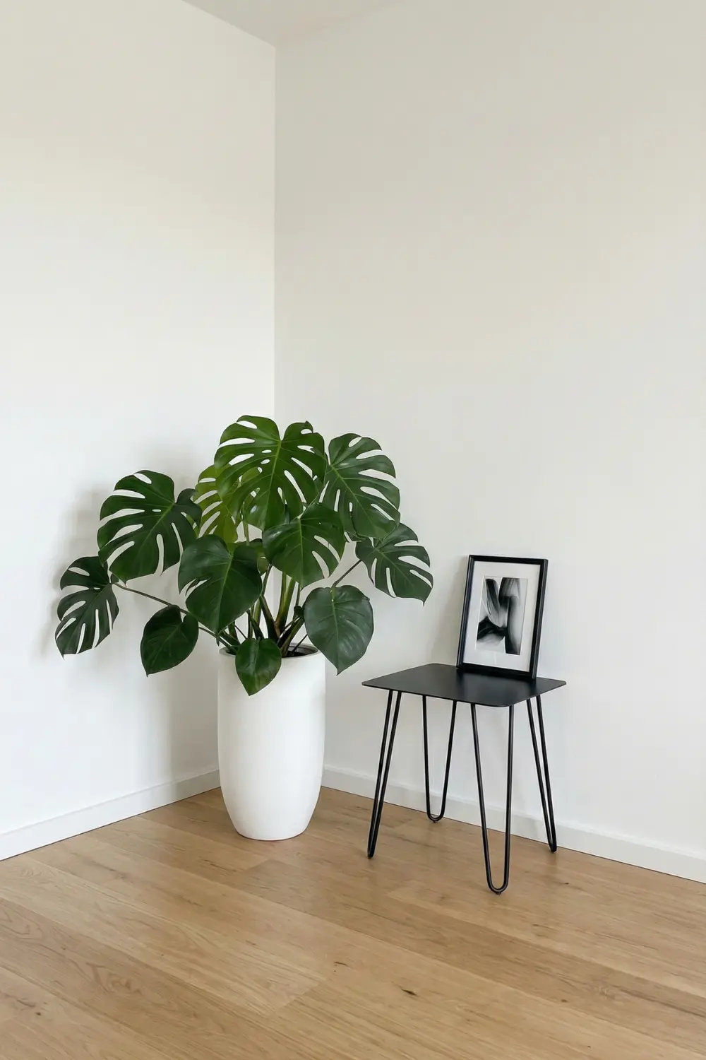 Modern empty corner decor with monstera plant black metal hairpin table and framed art print