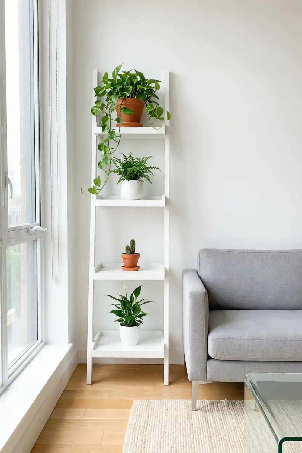 Modern indoor plant decor with white ladder plant stand holding pothos fern cactus and peace lily