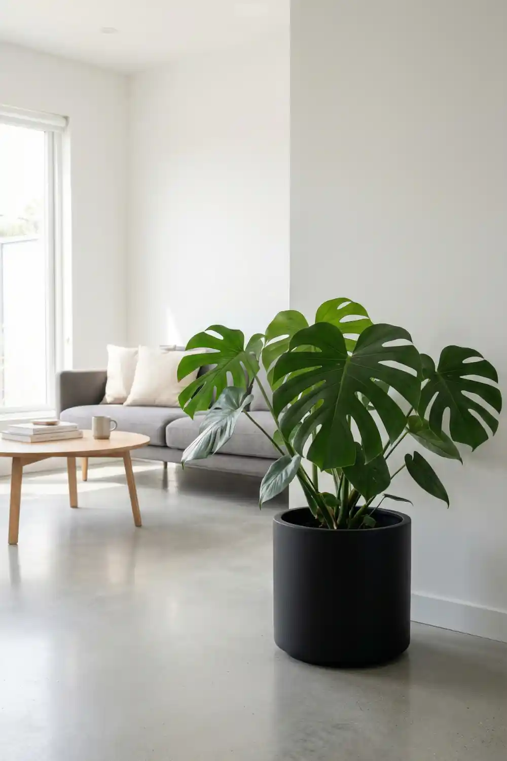 Modern indoor plant decor with large monstera in sleek matte black pot