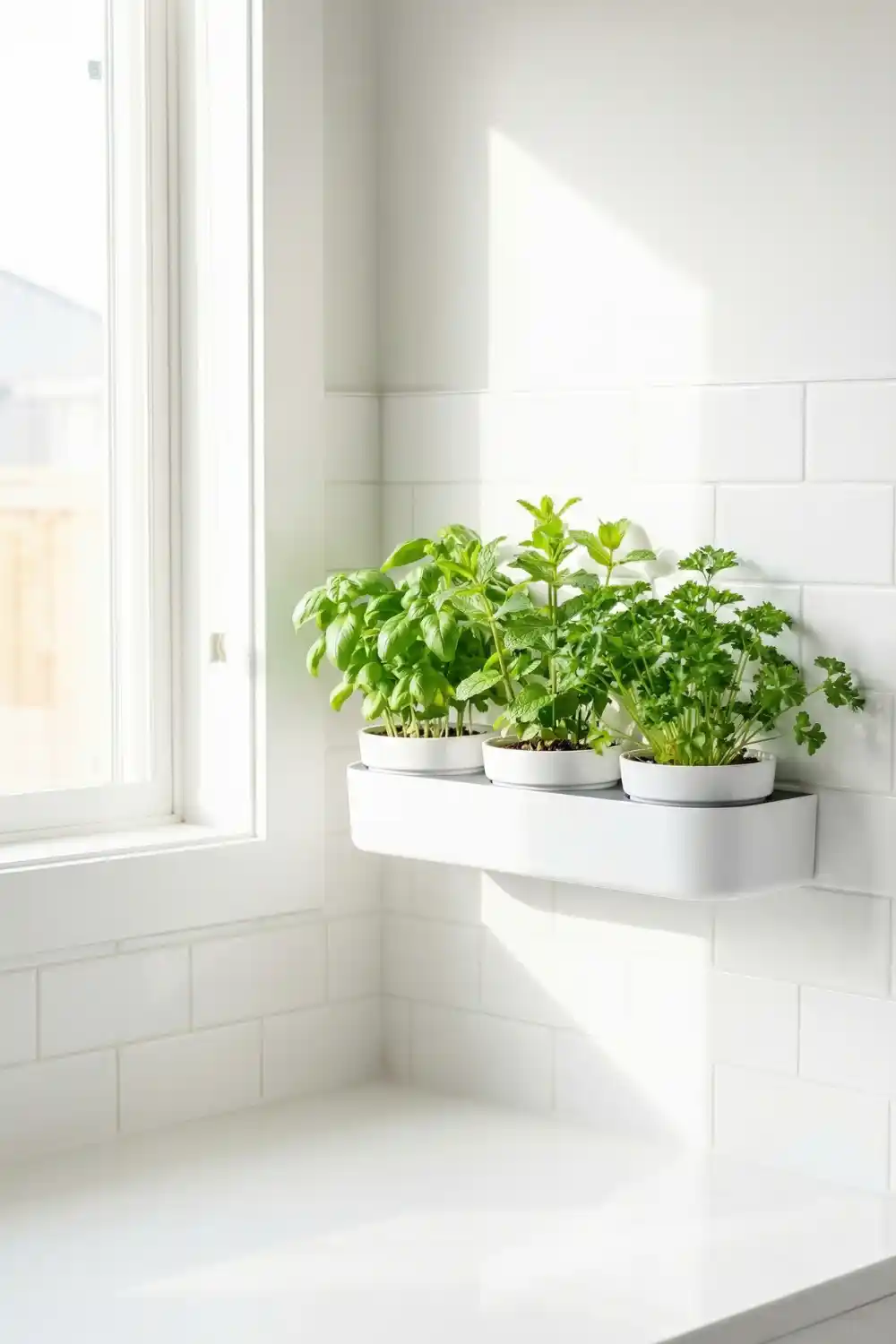 Modern indoor plant decor with wall mounted magnetic herb planter holding basil mint and parsley