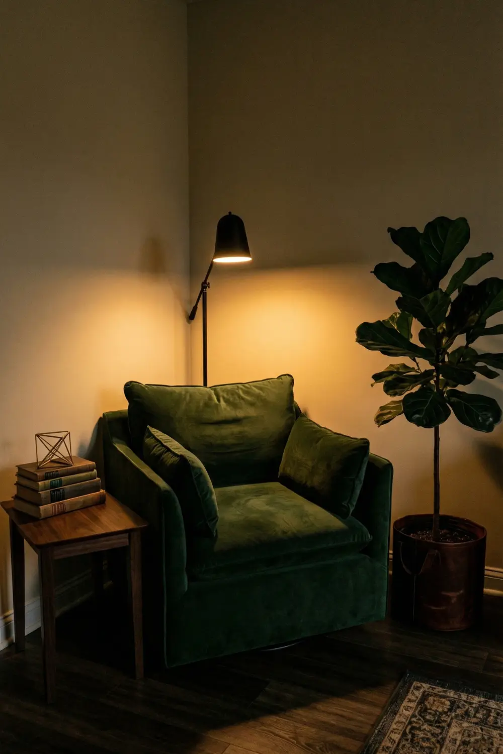 Moody empty corner decor with green velvet armchair fiddle leaf fig and dark walnut side table
