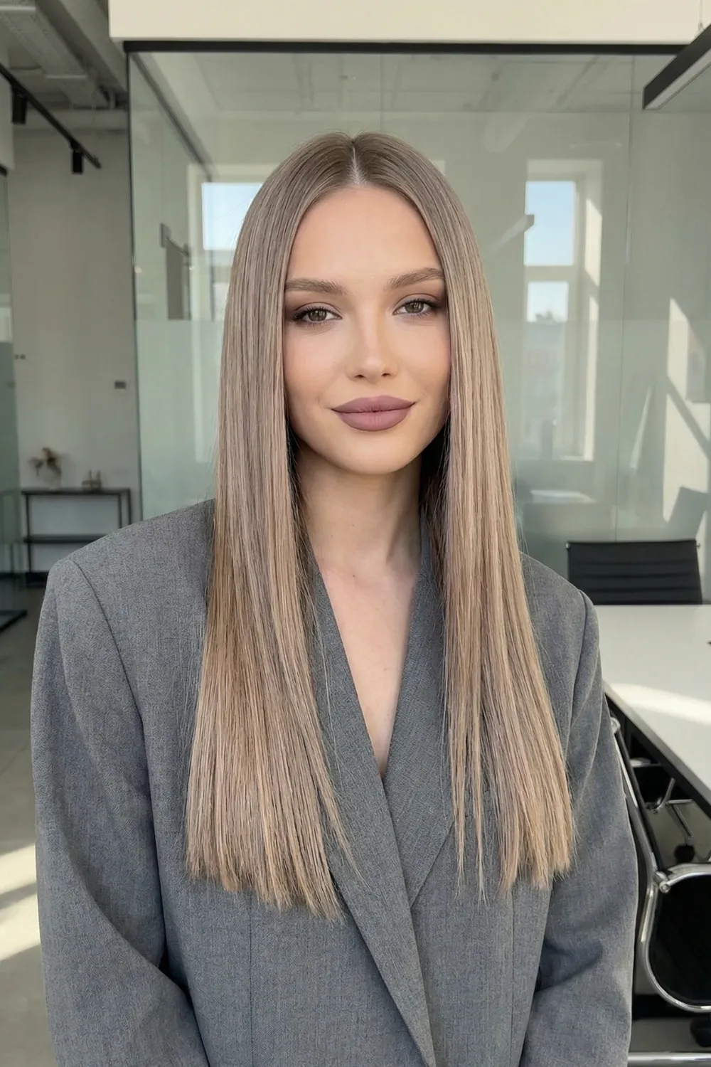 Woman with long mushroom blonde hair and cool taupe tones