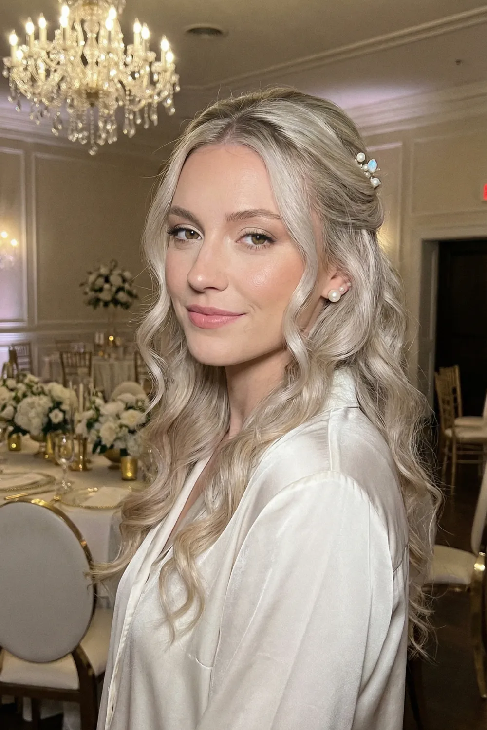 Woman with long pearl blonde hair and opal white gold highlights