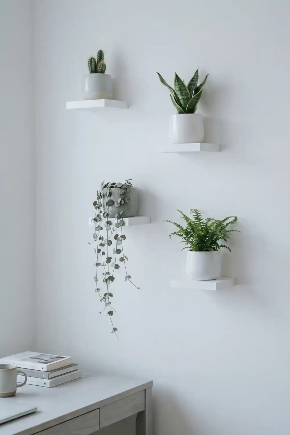 Staggered white floating shelves on office wall with cactus snake plant string of hearts and fern