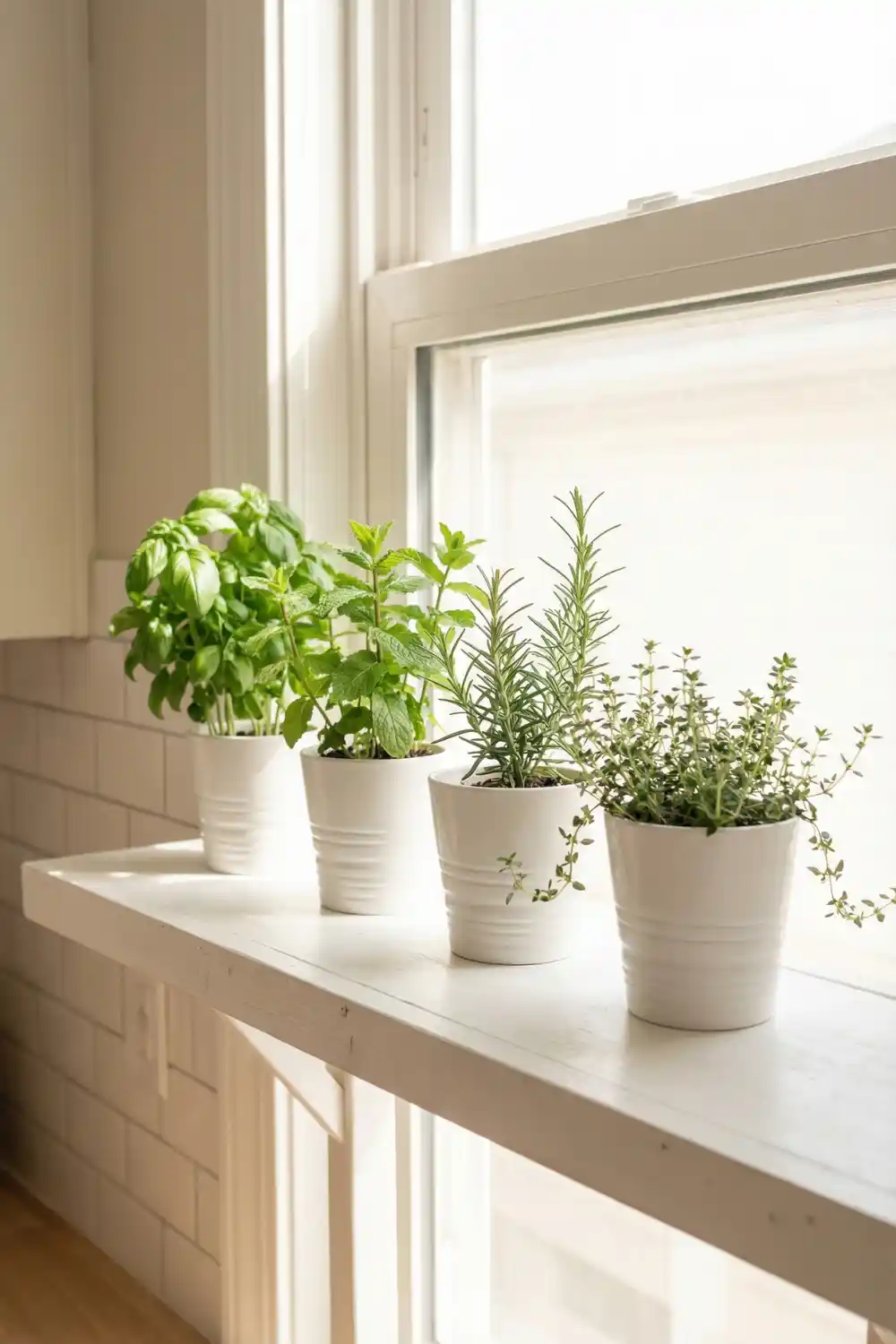 White wooden plant window shelf with basil mint rosemary and thyme in white ceramic pots