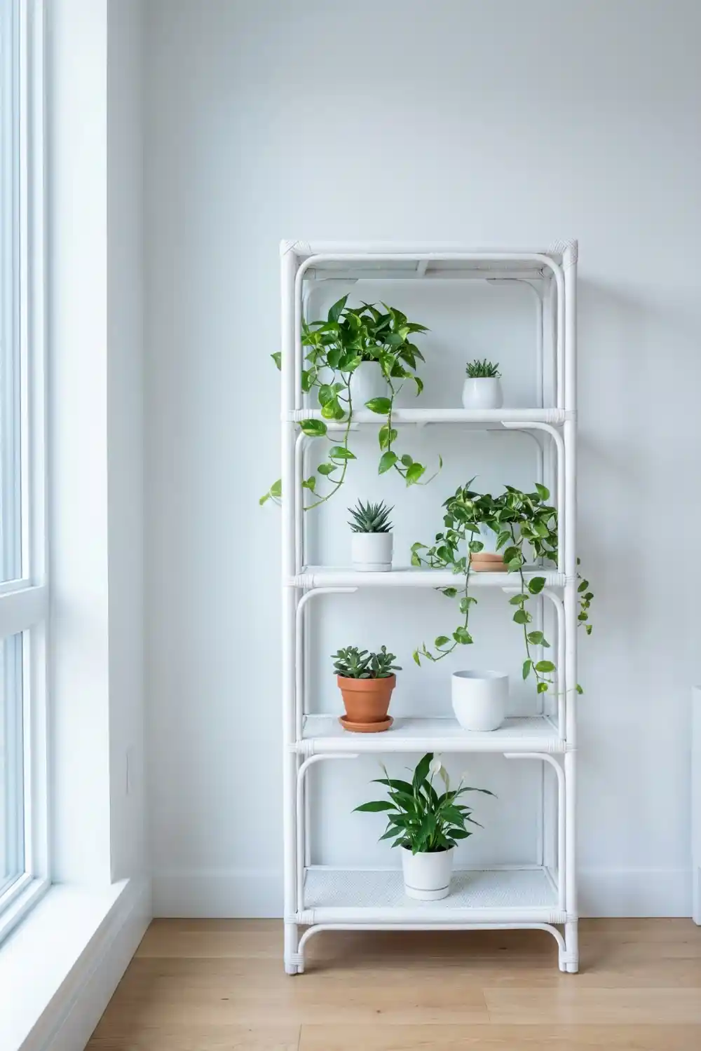 Rattan shelf styled with trailing pothos succulent and peace lily in white and terracotta pots