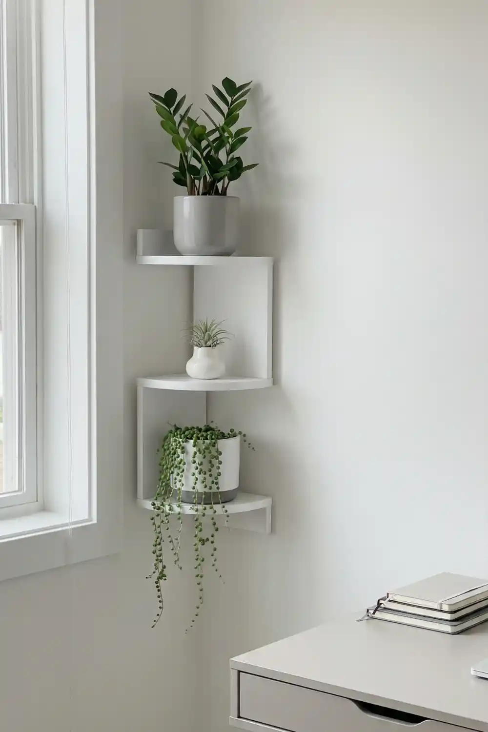White wall mounted rotating plant shelf with ZZ plant air plant and string of pearls in grey ceramic pots