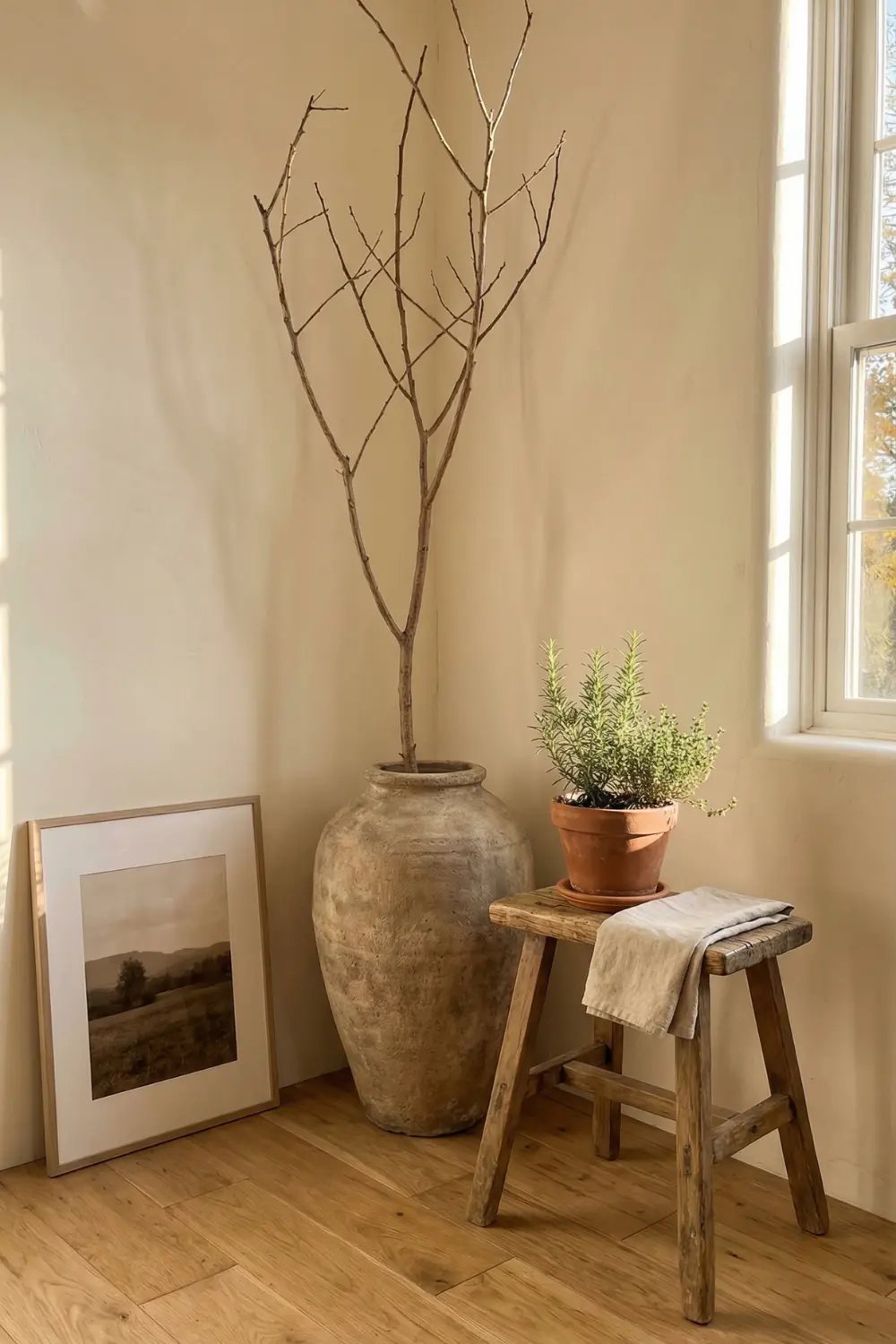 Rustic empty corner decor with wooden branch stone vase vintage stool and potted herb plant