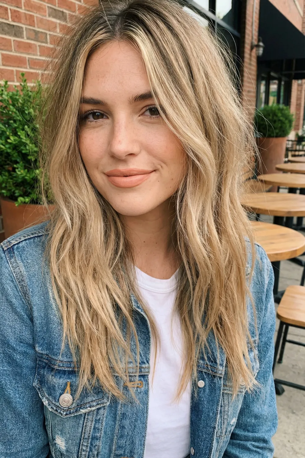 Woman with long sandy blonde balayage hair and dark roots