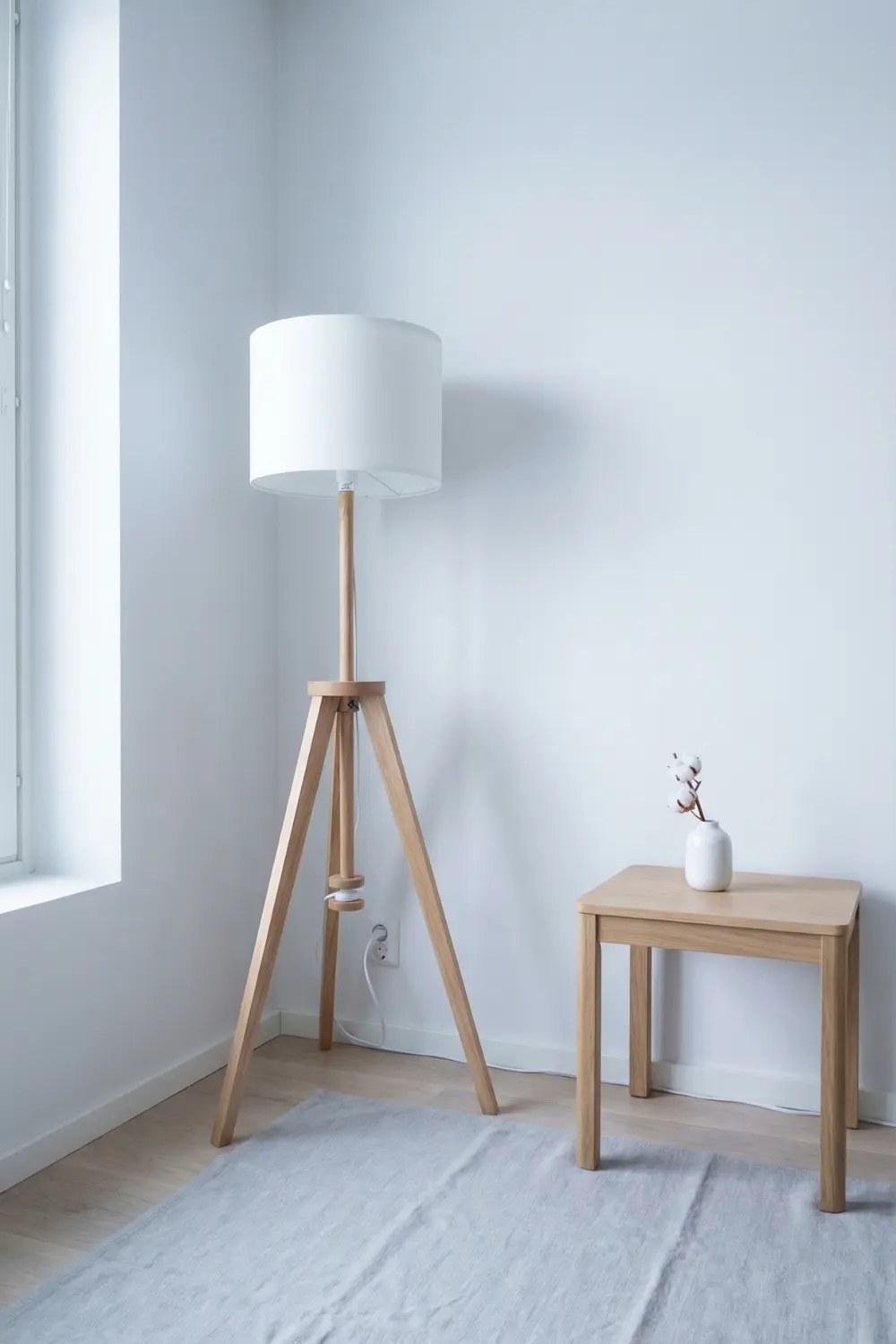 Scandinavian empty corner decor with oak tripod floor lamp white vase and dried cotton stem