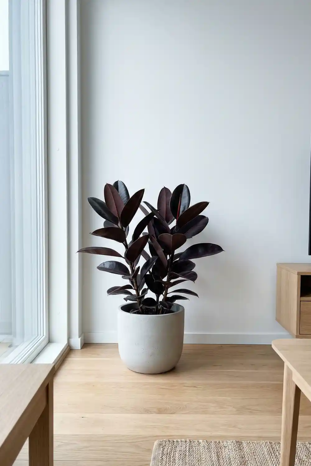 Scandinavian indoor plant decor with burgundy rubber plant in grey textured pot on oak floor