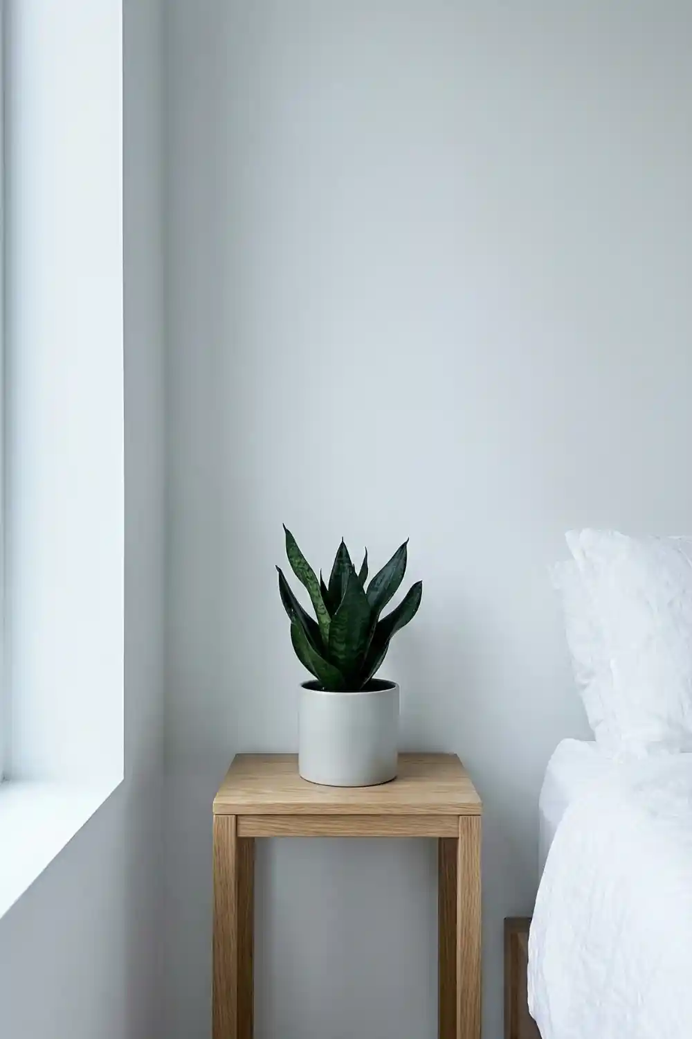 Scandinavian indoor plant decor with small snake plant in grey ceramic pot on oak nightstand