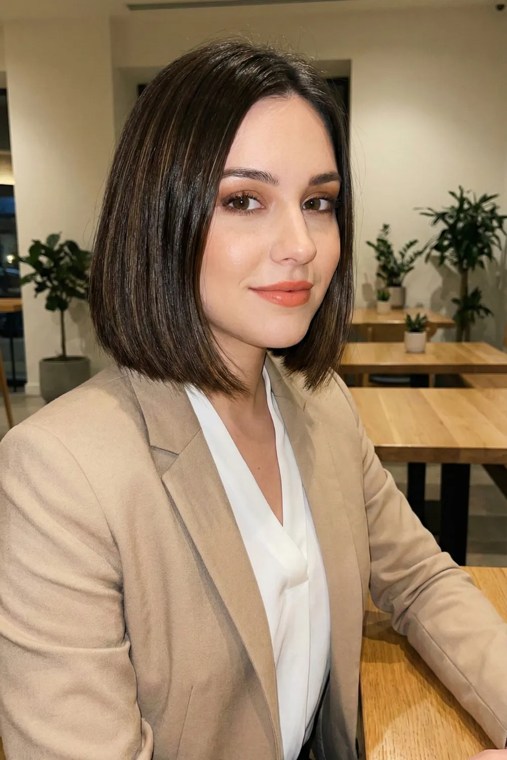 Woman with sleek chocolate brown chin-length bob and blunt edges