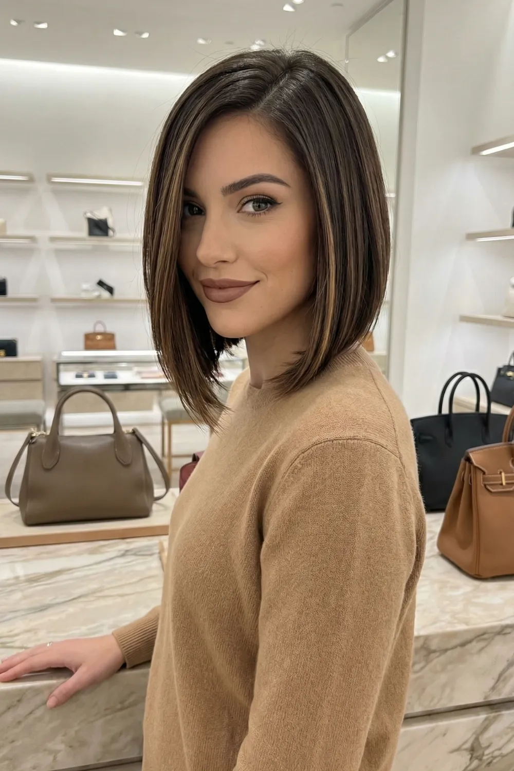 Woman with glossy mocha brown graduated bob and stacked back