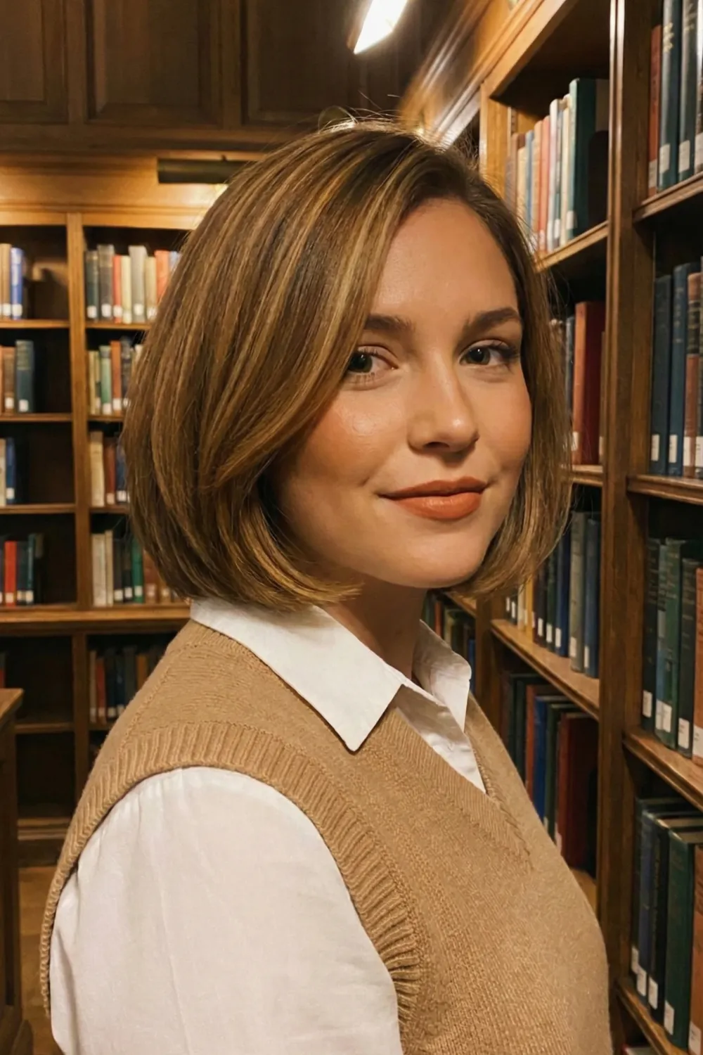 Woman with warm honey brown rounded bob and inward curl