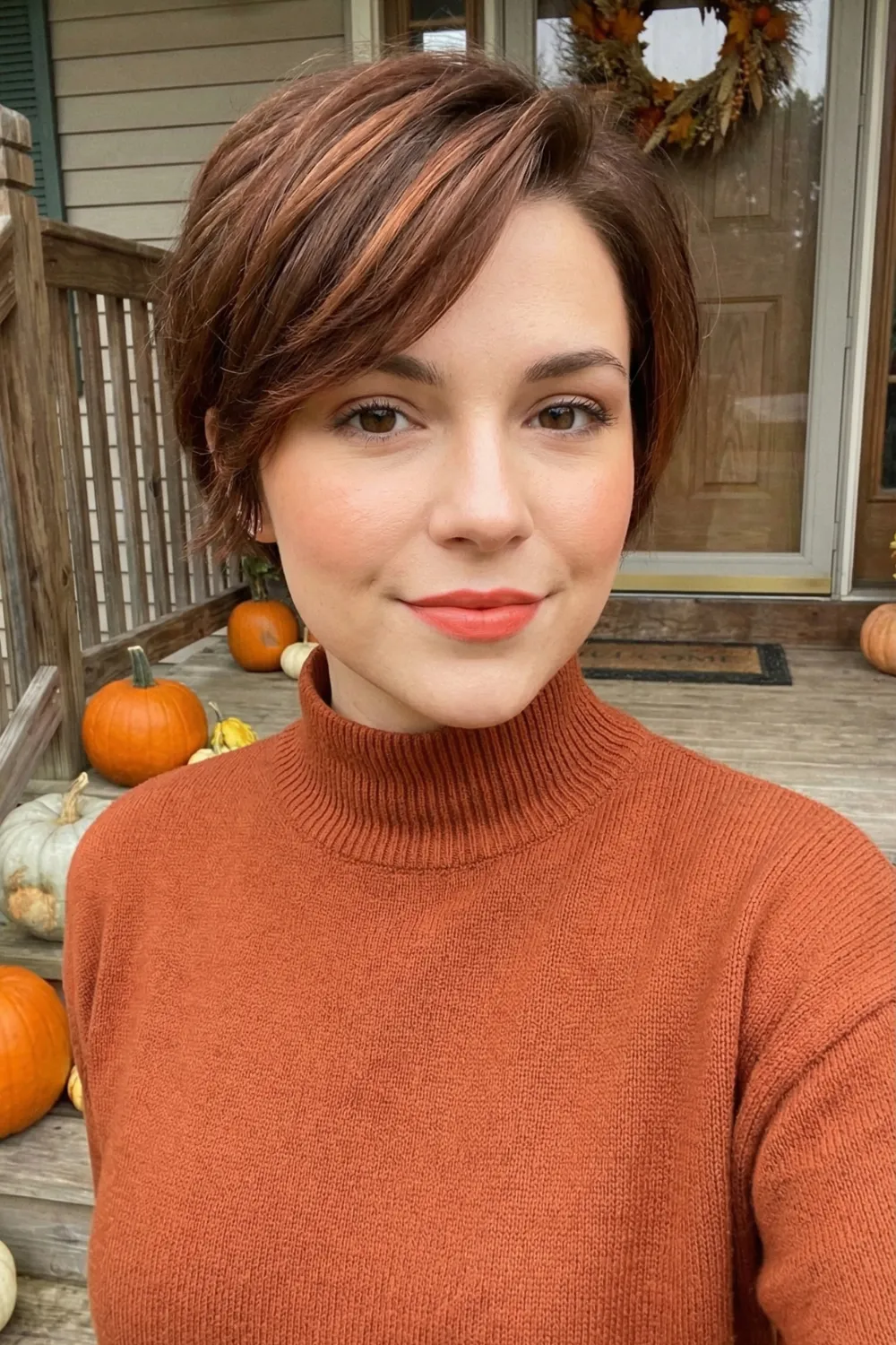 Woman with warm chestnut brown tapered pixie and side swept fringe
