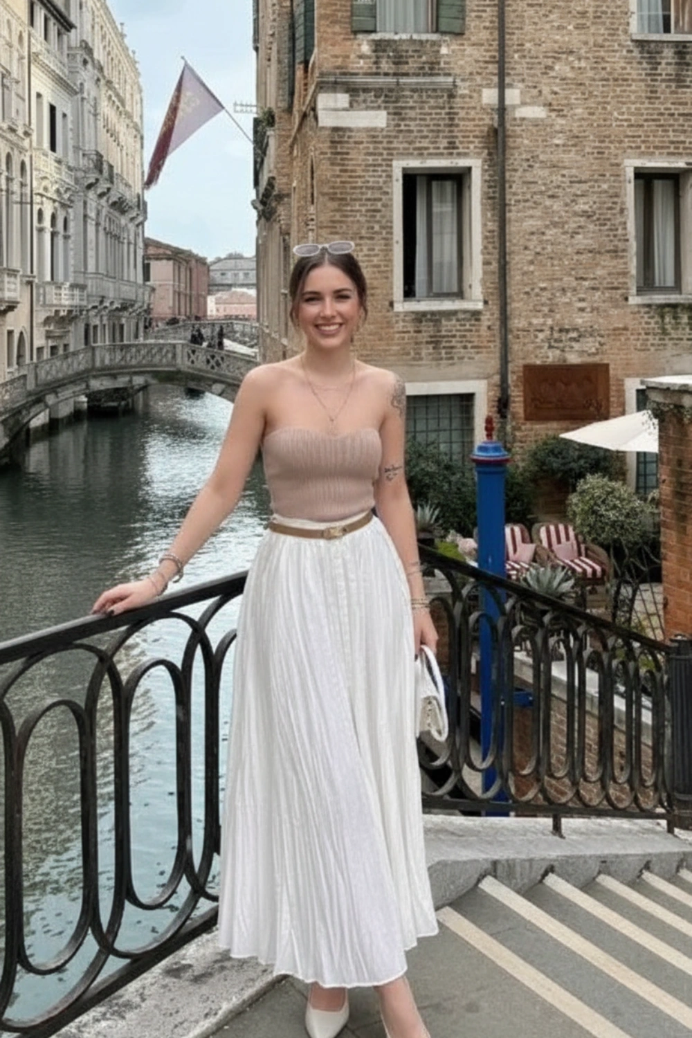 spring-outfit-beige-top-white-pleated-skirt-handbag