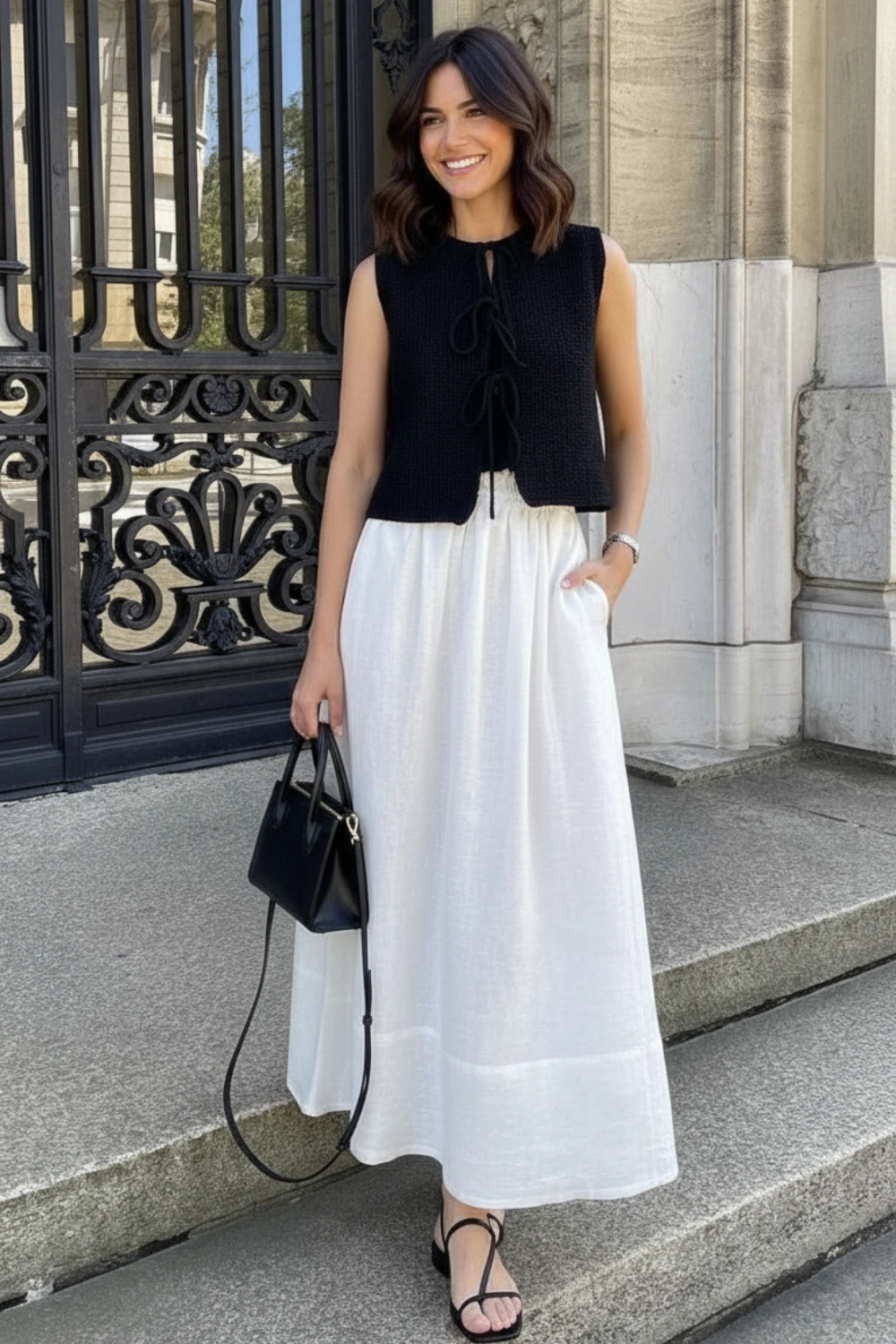Woman wearing a black tie-front top with a white maxi skirt and black sandals holding a black handbag outdoors
