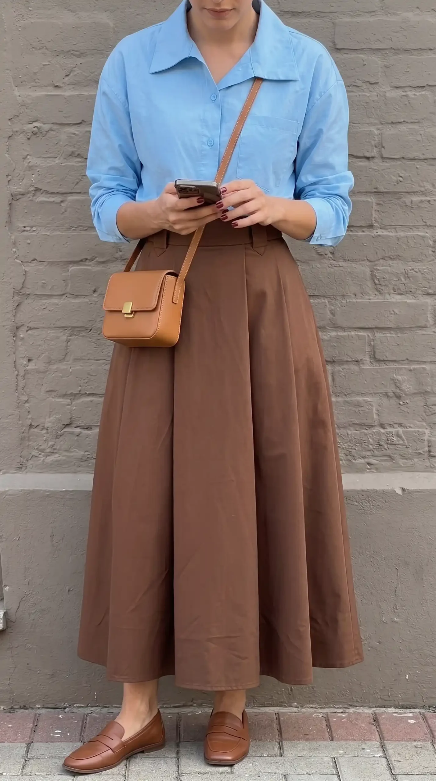 Woman wearing a light blue shirt with a brown skirt and brown crossbody bag outdoors