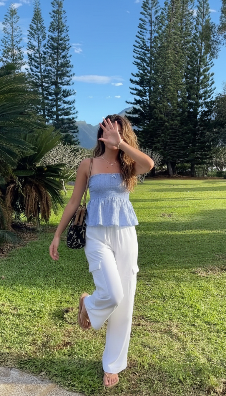Woman wearing blue smocked peplum top with white wide-leg pants outdoors in park